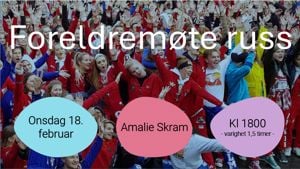 Bilete av russ pluss med info om tid og stad for foreldremøte