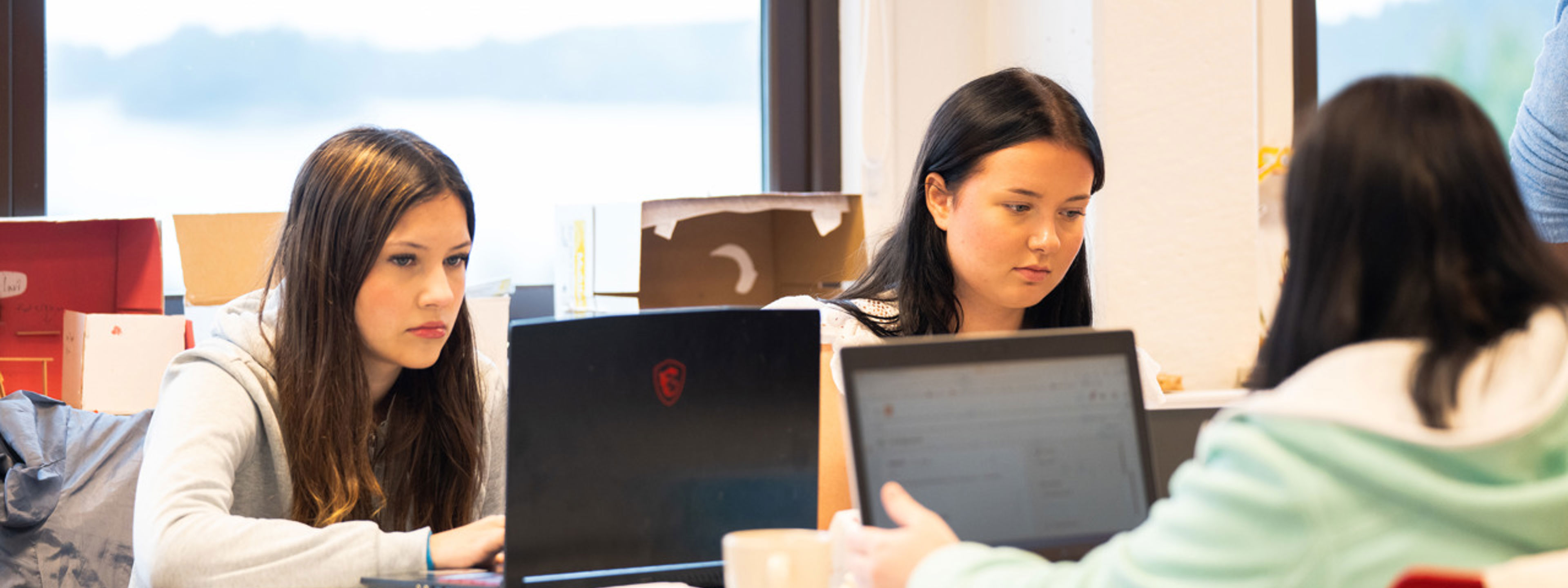 Elevar som sit rundt eit bord og jobbar på pc